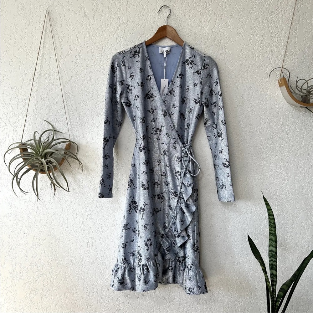 GANNI Metallic Lurex Floral Print Wrap Dress